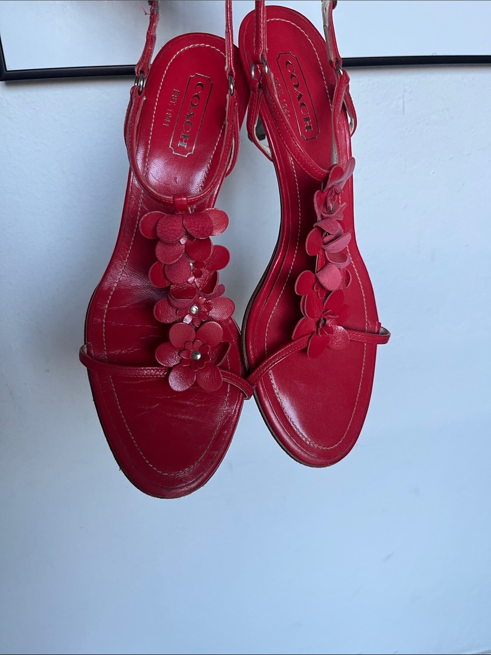 COACH Red Floral Appliqué T-Strap Sandals